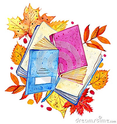 Composition with autumn leaves, books and notepads. Hand drawn watercolor illustration Cartoon Illustration