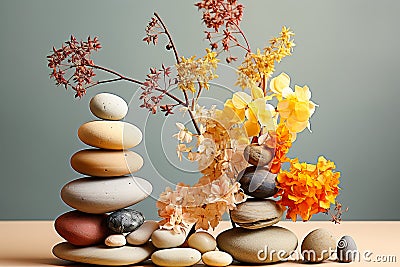 Composition of balancing stones with dried flowers. Concept of balance, eco frendly Stock Photo