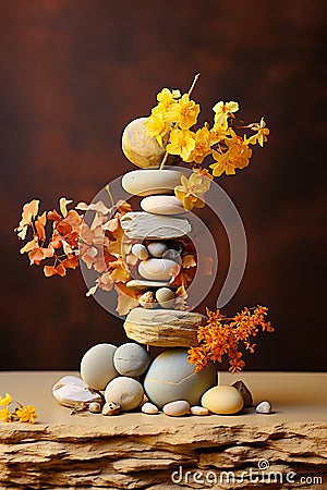 Composition of balancing stones with dried flowers. Concept of balance, eco friendly Stock Photo