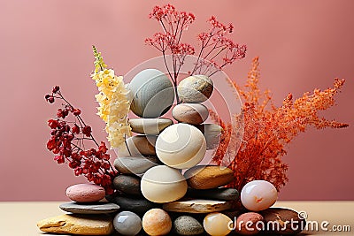 Composition of balancing stones with dried flowers. Concept of balance, eco friendly Stock Photo