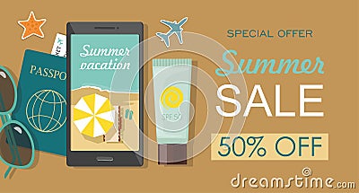 Composition with beach accessories. Sunglasses, passport , sun block and phone. Summer sale banner Vector Illustration