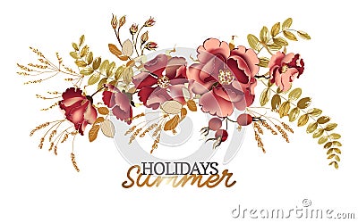 Composition of beautiful burgundy rose and gold tropical leaves on white background. Vector Illustration