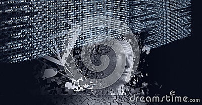 Composition of binary coding and exploding human bust Stock Photo