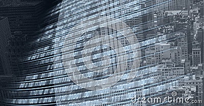 Composition of binary coding with grey curved banner over cityscape Stock Photo
