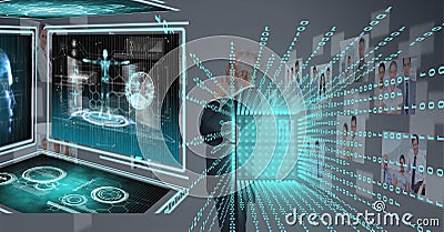 Composition of binary coding over businessman looking at screen with medical digital data Stock Photo