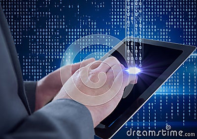 Composition of binary coding processing over hacker using tablet Stock Photo