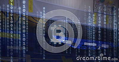 Composition of bitcoin symbol, binary coding processing on computer background Stock Photo