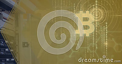 Composition of bitcoin symbol and binary coding processing on world map background Stock Photo