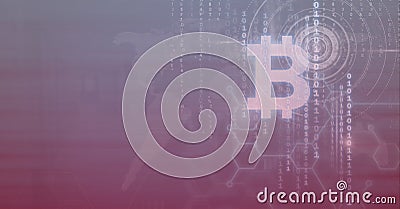 Composition of bitcoin symbol, binary coding processing on world map background Stock Photo