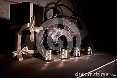 Composition black shoes with cold heels. Close up Stock Photo