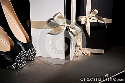 Composition black shoes with spikes Stock Photo