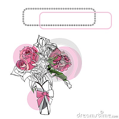 Composition with blossoming pink of roses, circles and frame. Hand drawn ink and colored sketch of rose flowers. Vector Illustration