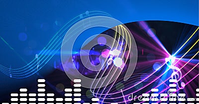 Composition of blue area, audio level meter, colourful music stave and notes over lights on black Stock Photo