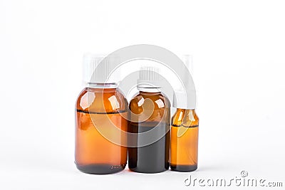 Composition of bottles with medical liquid. Stock Photo