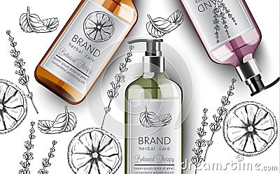 Composition of bottles of organic shampoo with herbal care. Various plants and colors. Mint, orange and lavender. Place Vector Illustration