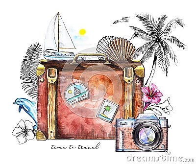 Watercolor Ñomposition with branch, flowers, shell, camera, su Cartoon Illustration