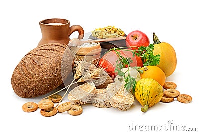 Composition of bread, milk, vegetables Stock Photo