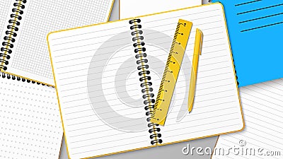 Composition with a bunch of notebooks and a stack notepad on the table. Pile of books with ruler and pen. Heap paper. Workplace. Vector Illustration