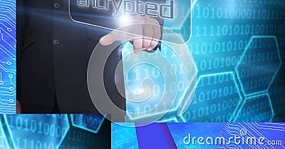 Composition of businessman touching encrypted screen over binary coding Stock Photo