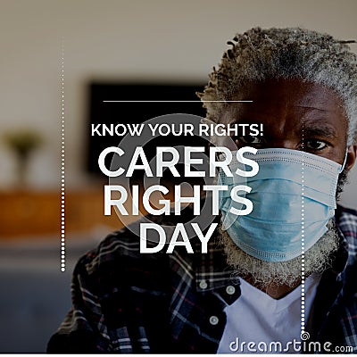 Composition of carers rights day text with african american man wearing face mask Stock Photo