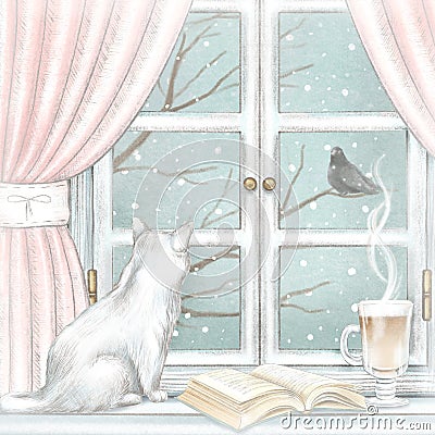 Watercolor and lead pencil graphic composition with cat, coffee and open book on the window with winter landscape Cartoon Illustration