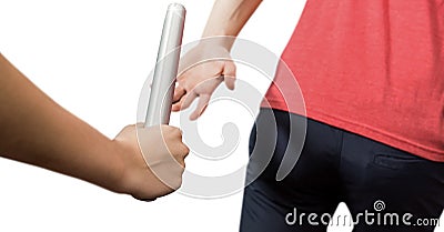 Composition of caucasian athletes passing grey relay baton isolated on white background Stock Photo