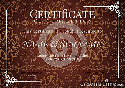 Composition of certificate of completion text with copy space on pattern on brown background Stock Photo