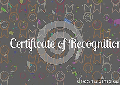 Composition of certificate of recognition text with copy space over badges on grey Stock Photo