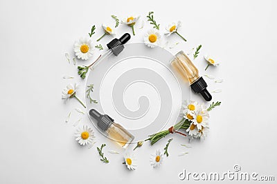 Composition with chamomile flowers and cosmetic bottles of essential oil on white background, top view Stock Photo