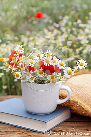 Composition with chamomiles, poppies, straw hat and book on table outdoors Stock Photo