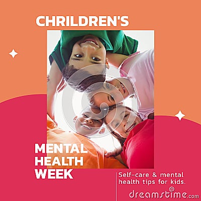 Composition of children's mental health week text and children smiling and embracing Stock Photo