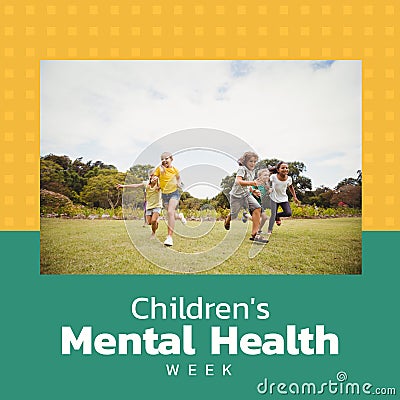 Composition of children's mental health week text and children playing in park Stock Photo
