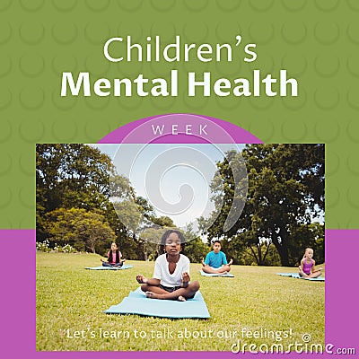 Composition of children's mental health week text and children practicing yoga in park Stock Photo