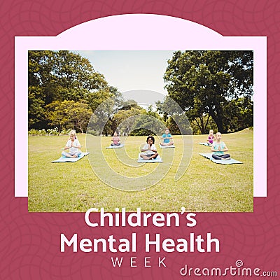 Composition of children's mental health week text and children practicing yoga in park Stock Photo