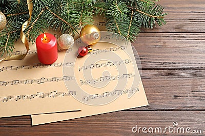 Composition with Christmas decorations and music sheets Stock Photo