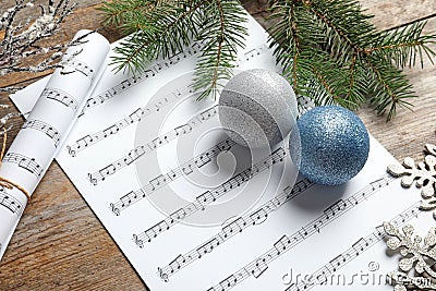 Composition with Christmas decorations and music sheets Stock Photo