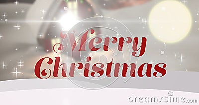 Composition of christmas greeting with illuminated house in background during winter Stock Photo
