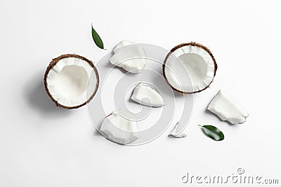 Composition with coconuts on white, top view Stock Photo