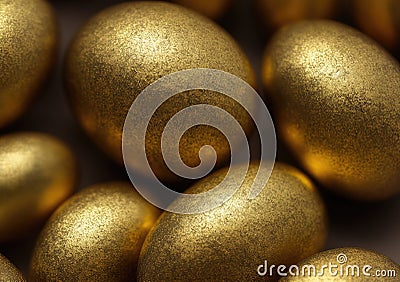 Composition of coloured and golden eggs, with artistic decorations, with depth of field, photographic lighting and close-ups. Stock Photo