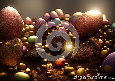 Composition of coloured and golden eggs, with artistic decorations, with depth of field, photographic lighting and close-ups. Stock Photo