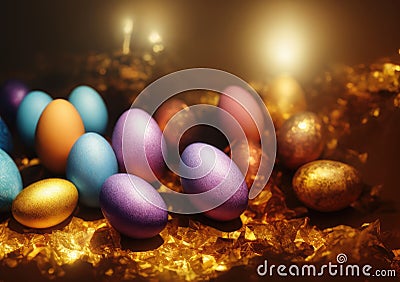 Composition of coloured and golden eggs, with artistic decorations, with depth of field, photographic lighting and close-ups. Stock Photo