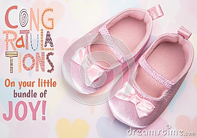 Composition of congratulations on your little bundle of joy with pink baby booties Stock Photo