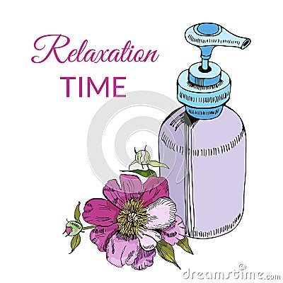 Composition with cosmetic bottle and peony flower isolated on white background. Hand drawn and colored sketch. Vector Illustration