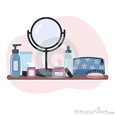 Composition with cosmetic products on the shelf, cleanser, cream, mirror, cream, comb, cosmetic bag. Skin care routine Vector Illustration