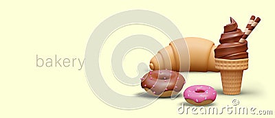 Composition with croissant, donut with chocolate and pink fruit cream and ice cream Vector Illustration