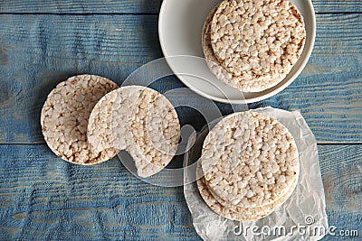 Composition with crunchy rice cakes on wooden background Stock Photo