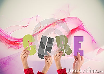 Composition of cure multi coloured letters held by people with pink smoke Stock Photo