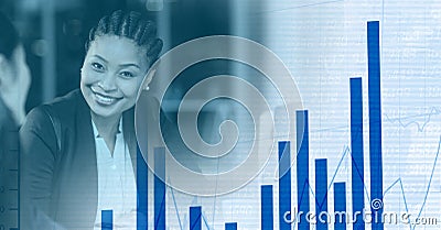 Composition of diagrams over mixed race businesswoman in modern office Stock Photo