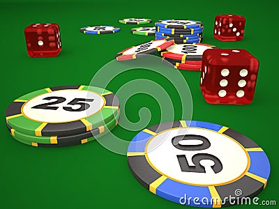 Composition of dice and casino chips. Stock Photo