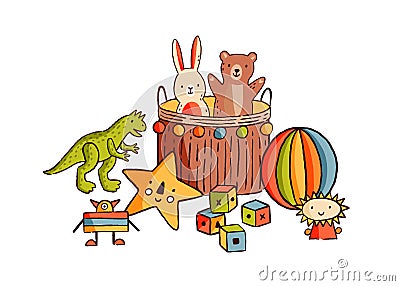Composition of different childish toys vector flat illustration. Various hand drawn elements for kids entertainment and Vector Illustration